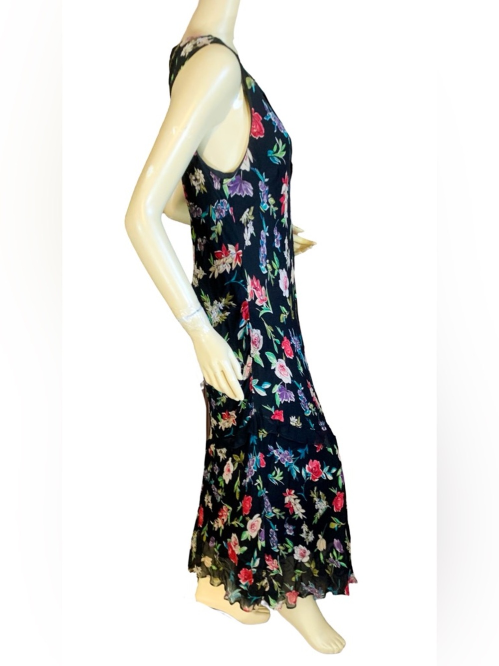 VINTAGE Y2K BLACK MULTI-COLOR FLORAL PRINT W/LACE RUFFLE CHIFFON SILK DRESS (L) - Picture 4 of 12